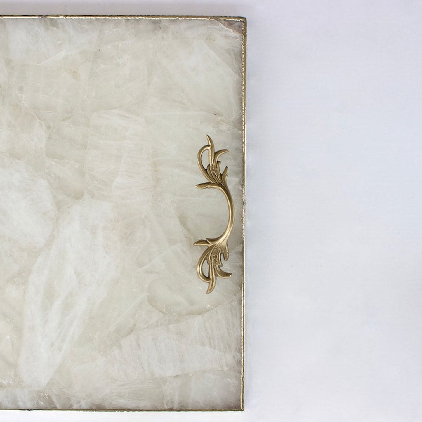 White Agate Serving Tray With Brass Handles | Square
