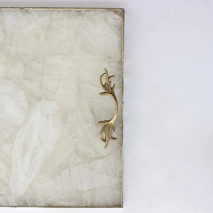 White Agate Serving Tray With Brass Handles | Square