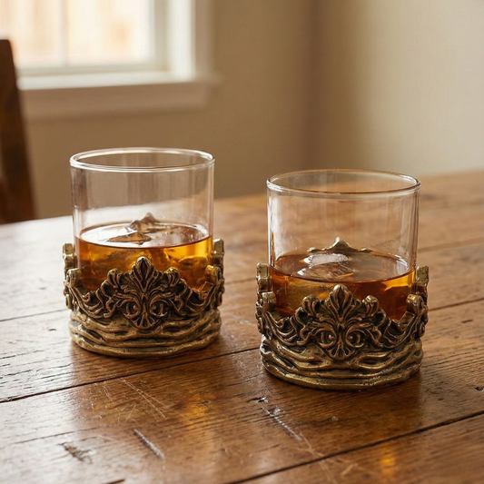 Set of 2 & Set of 4 - Intricate Baroque-style Crown Detail Whisky Glasses | Juice Glasses | Statement Barware | Gold, Silver or Antique Finish