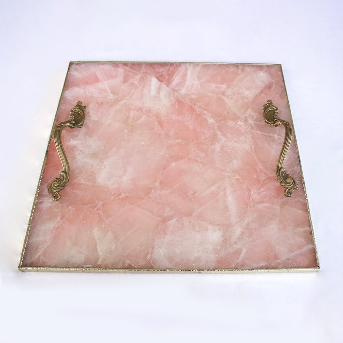 Rose Quartz Agate Serving Tray With Brass Handles | Square
