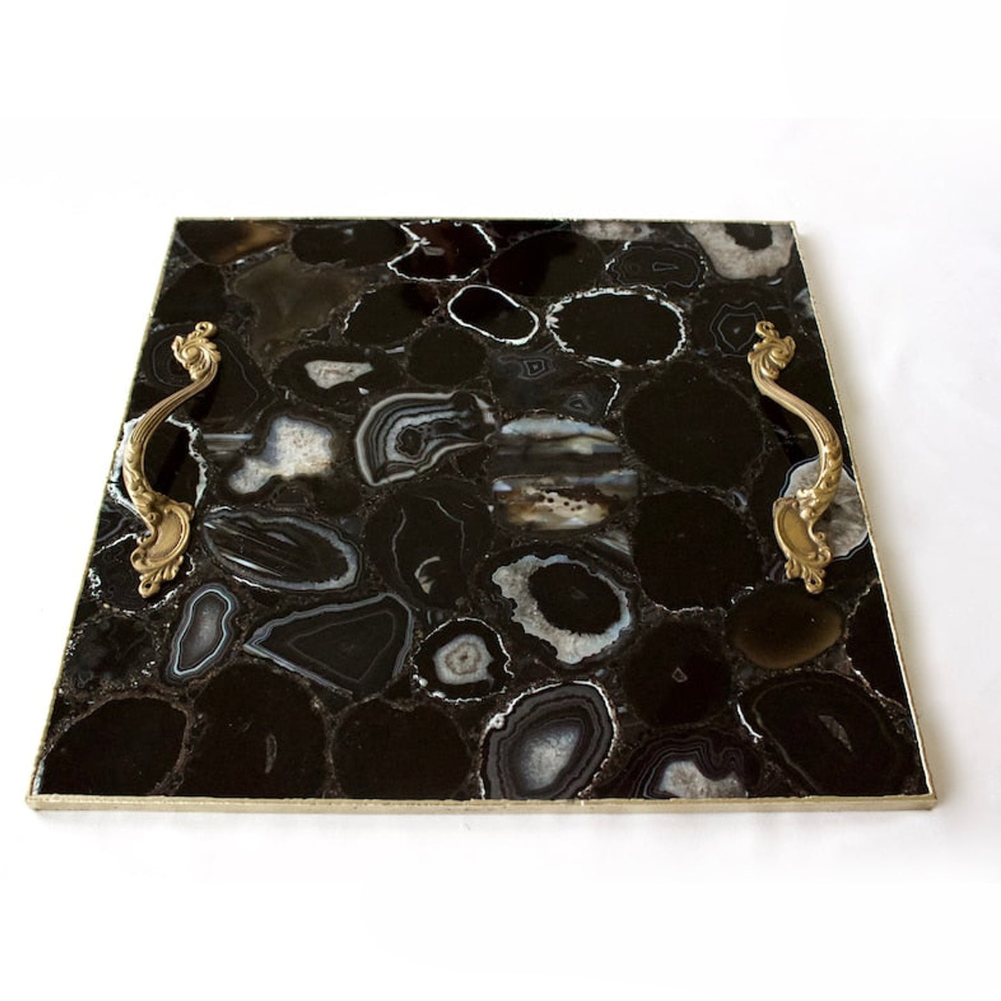 Black Agate Serving Tray With Brass Handles | Square
