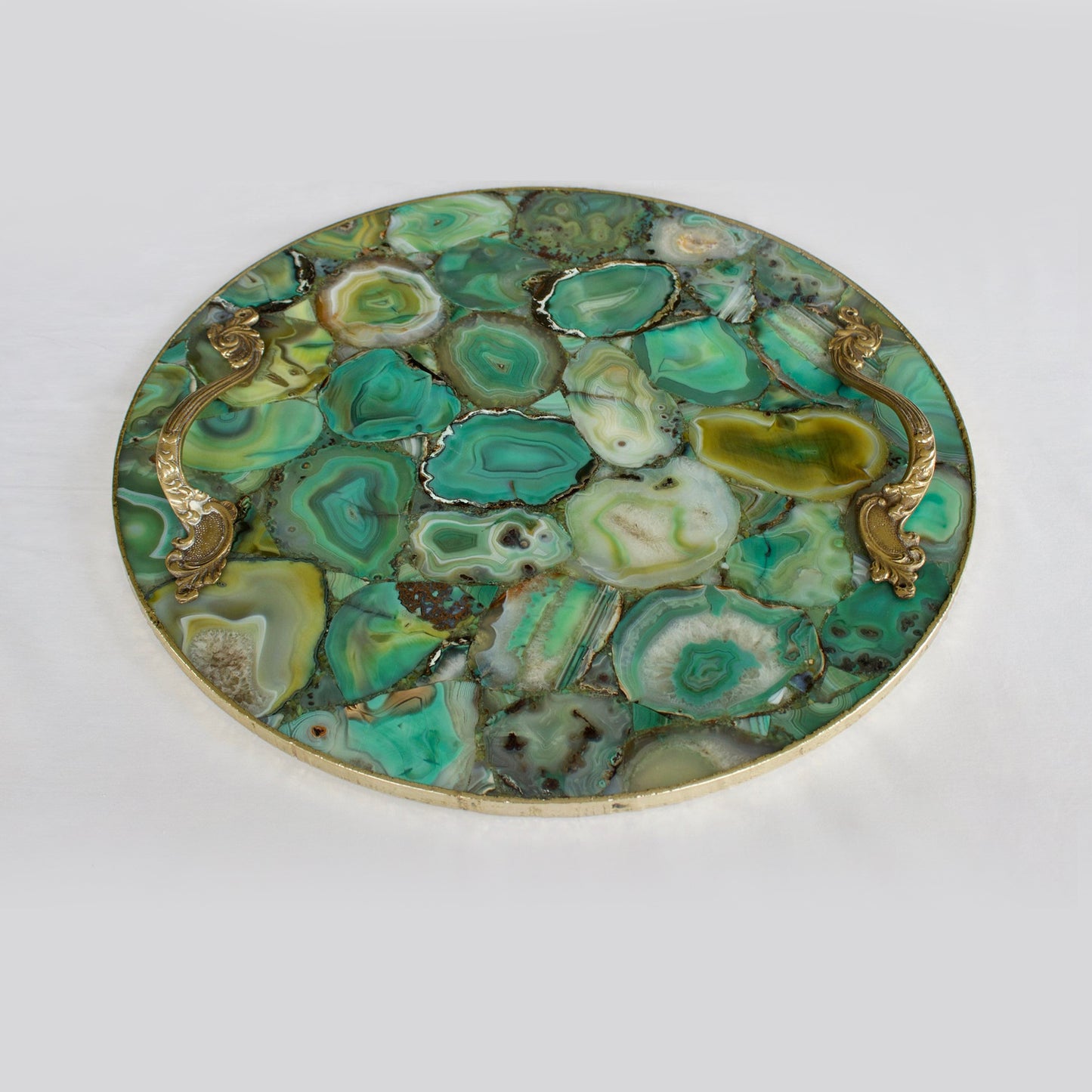 Green Agate Serving Tray With Brass Handles | Circular