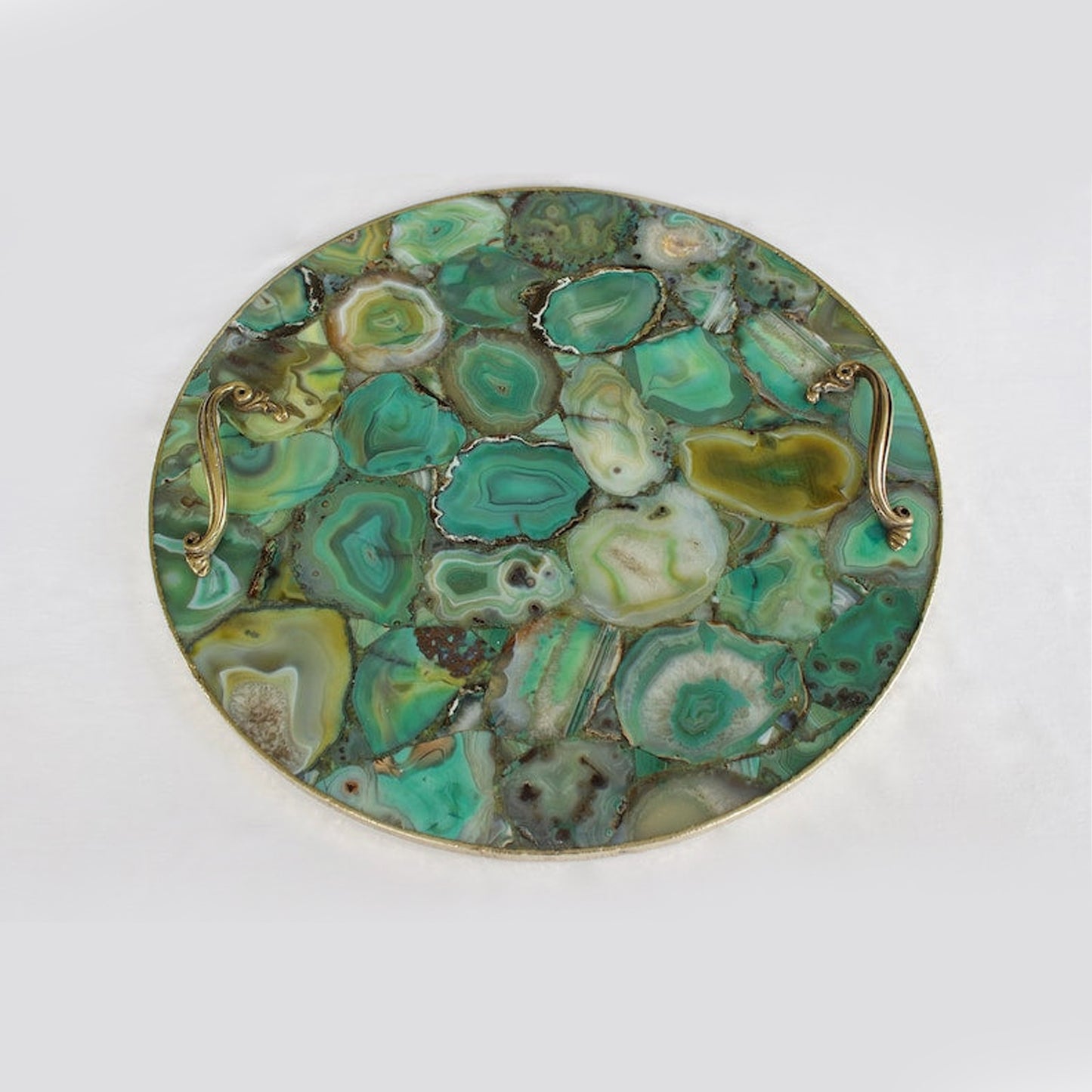 Green Agate Serving Tray With Brass Handles | Circular