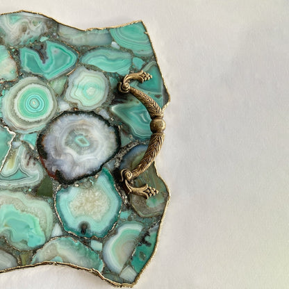 Large Green Agate Serving Tray With Brass Handles/Personalised Momentos/Sign Boards 10"x15"