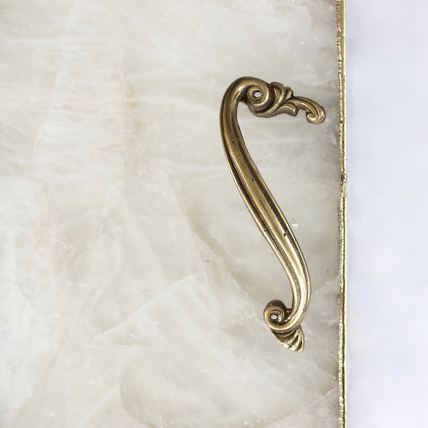 White Agate Serving Tray With Brass Handles | Square