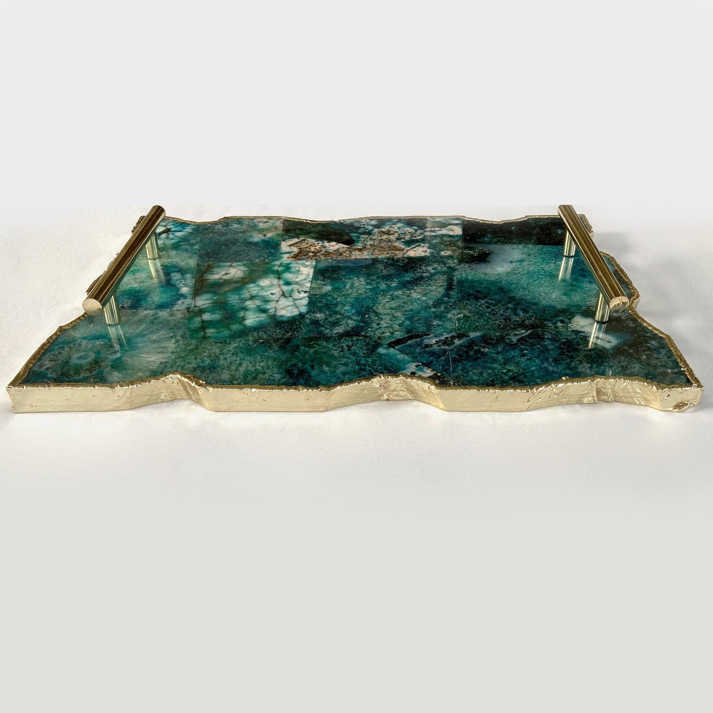 Large Composite Green Agate Serving Tray With Plain Modern Brass Handles/Personalised Momentos/Sign Boards 10"x15"