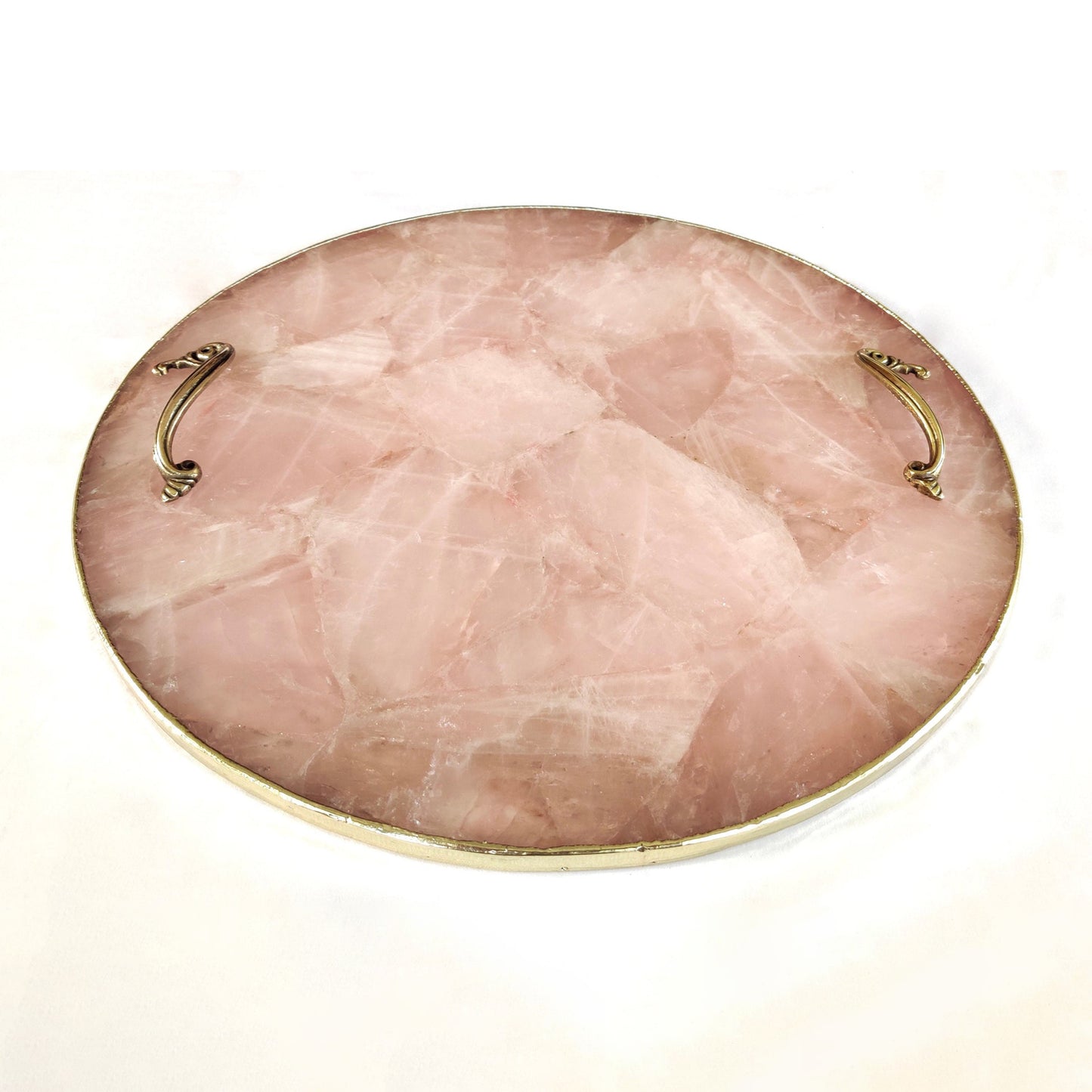 Rose Quartz Agate | Serving Tray With Brass Handles | Circular |