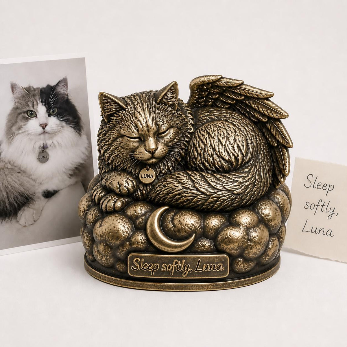 Personalised Cat Memorial Figurine | Angel Wings Pet Remembrance Antique Brass Statue