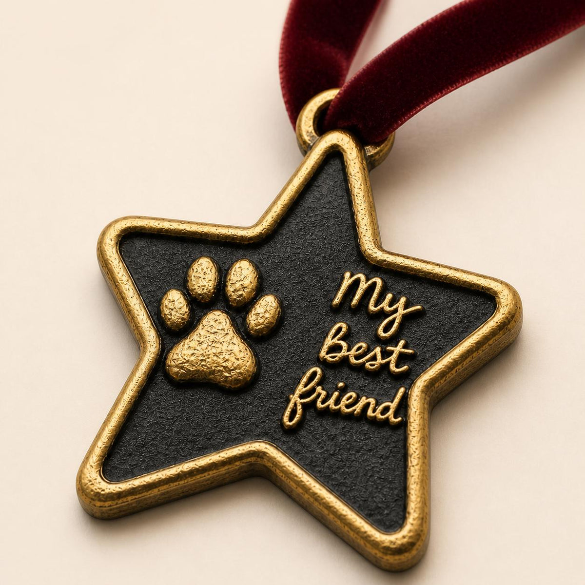 Close angled view of the star ornament with the raised paw print and script lettering