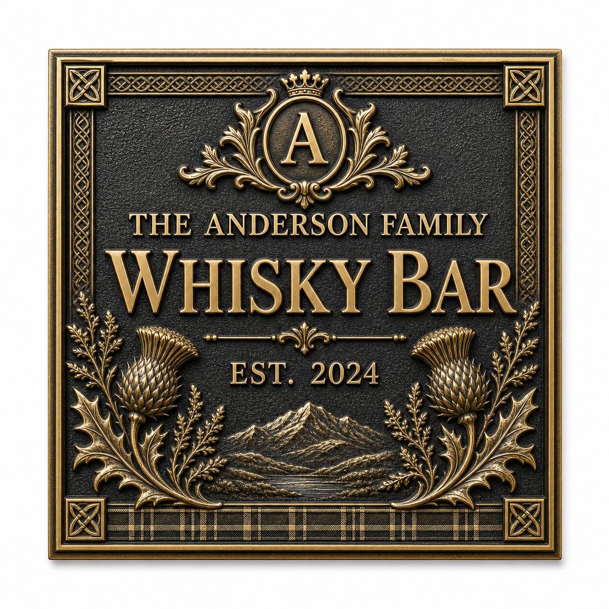 Personalised Scottish Whisky Bar Sign | Antique Brass Highland Plaque | Custom Family Home Bar Gift