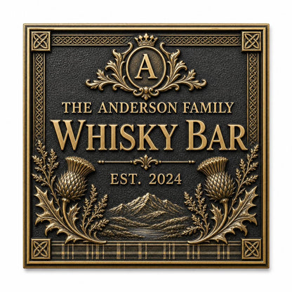 Personalised Scottish Whisky Bar Sign | Antique Brass Highland Plaque | Custom Family Home Bar Gift