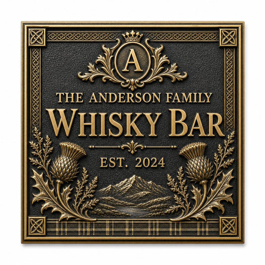 Personalised Scottish Whisky Bar Sign | Antique Brass Highland Plaque | Custom Family Home Bar Gift