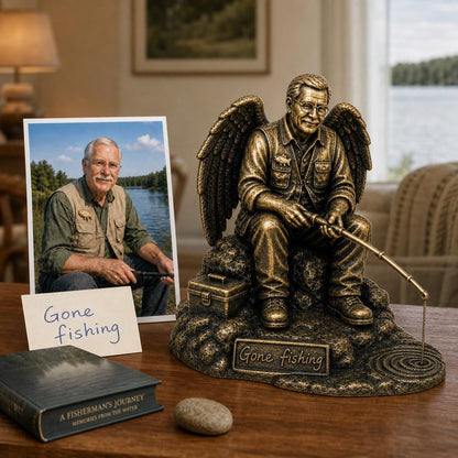 Personalised Fishing Memorial Figurine from Photo, Antique Brass Angel Statue, Grandpa Remembrance Gift