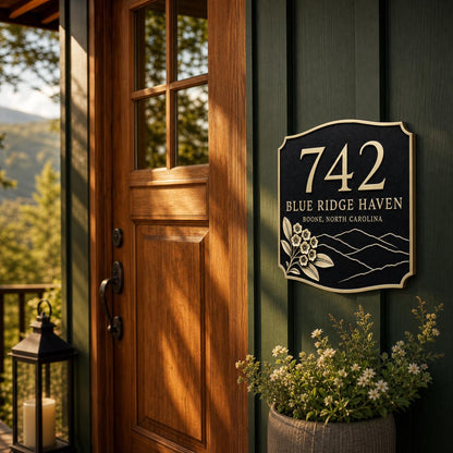 Personalised Mountain Address Plaque | Custom Antique Brass House Number Sign Board