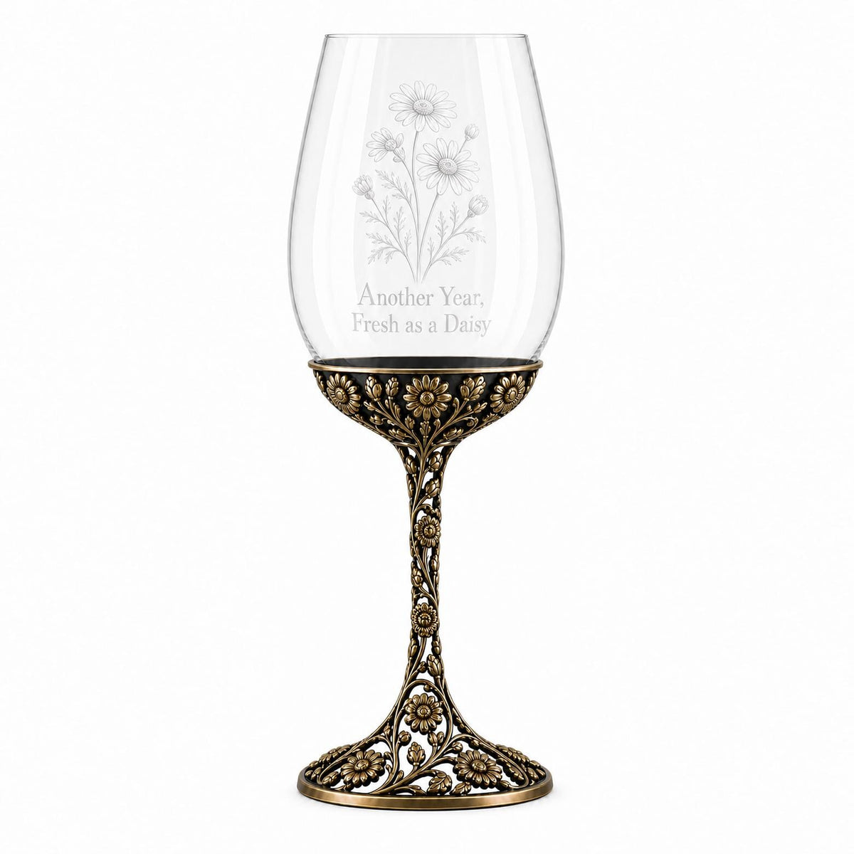 April Daisy Wine Glass, Personalised Birth Flower, Openwork Brass Stem, Custom Etched Gift
