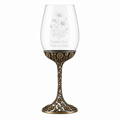 April Daisy Wine Glass, Personalised Birth Flower, Openwork Brass Stem, Custom Etched Gift
