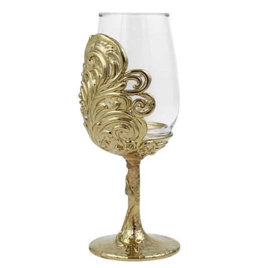 Set of 4 - Intricate Leaf/Ambi Design Wine Glasses | Decorative Drinkware | Statement Barware | Silver, Gold or Antique Finish