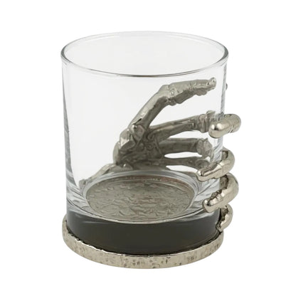 Set of 4 - Skeleton Hand Whisky Glasses | Juice Glasses | Drinkware | Statement Barware | Halloween Glasses | Gold, Silver or Antique Finish
