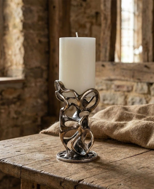 Swirl - Sculptural Pillar Candle Holder | Modern Artistic Candle Holder in Gold or Antique Finish | Electro-formed Metal Home Accent
