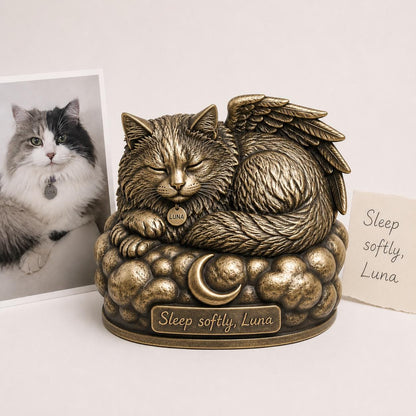 Personalised Cat Memorial Figurine | Angel Wings Pet Remembrance Antique Brass Statue