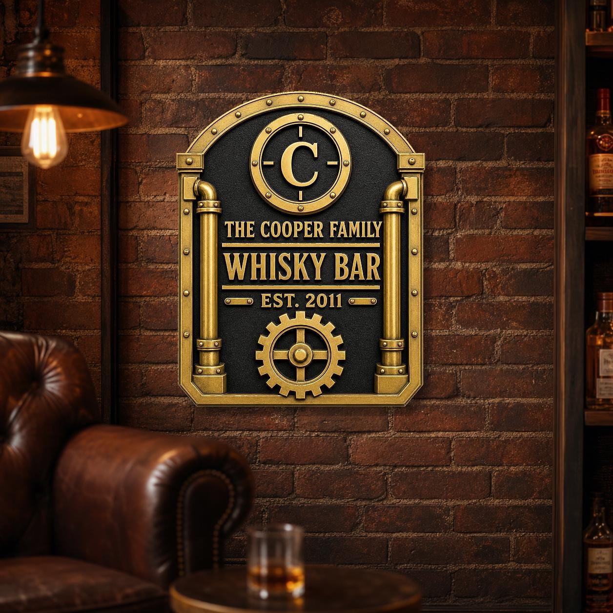 Personalised Industrial Whisky Bar Sign | Antique Brass Steampunk Bar Plaque | Custom Family Wall Decor