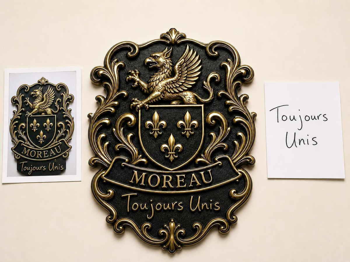 Design Your Own Griffin Crest Plaque | Custom Shield, Surname & Motto | Antique Brass Wall Sign