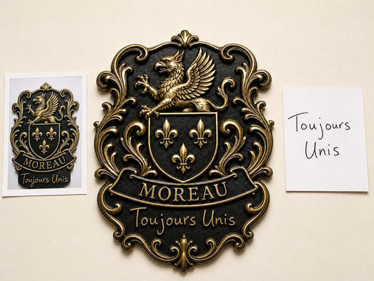 Design Your Own Griffin Crest Plaque | Custom Shield, Surname & Motto | Antique Brass Wall Sign