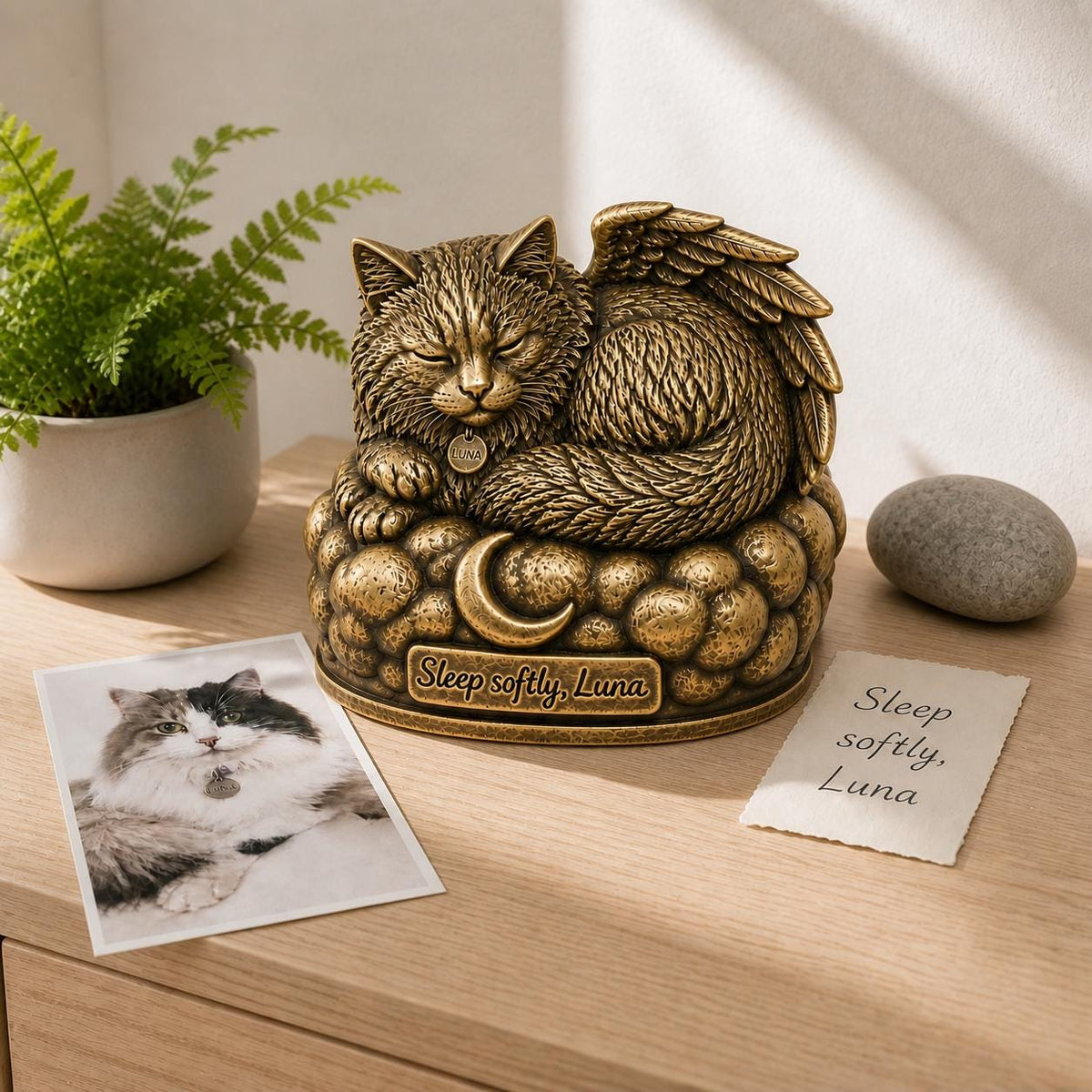 Personalised Cat Memorial Figurine | Angel Wings Pet Remembrance Antique Brass Statue