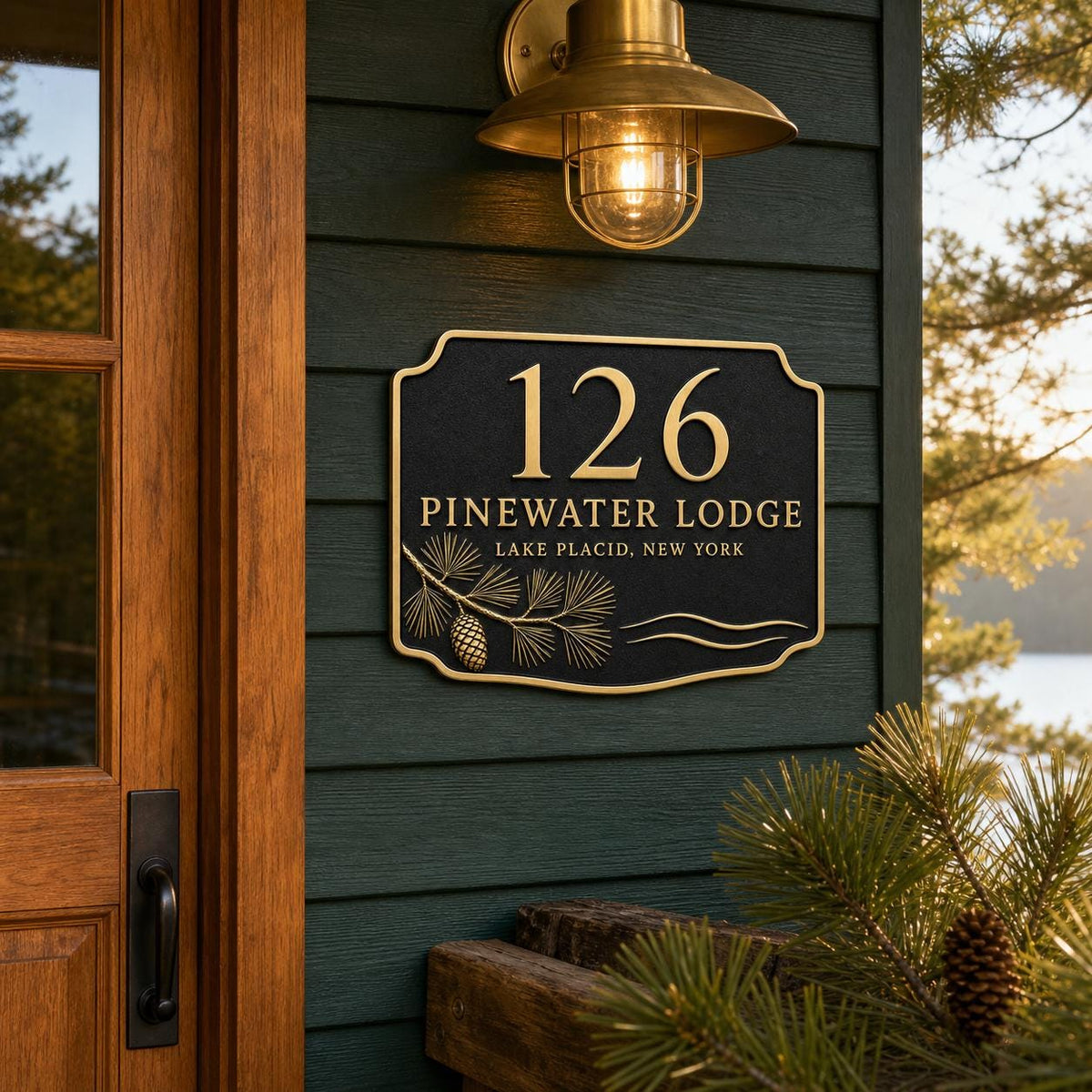 Personalised Pine Tree Address Plaque | Custom Antique Brass House Number | Indoor/Outdoor Wall Decor