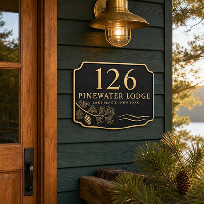 Personalised Pine Tree Address Plaque | Custom Antique Brass House Number | Indoor/Outdoor Wall Decor