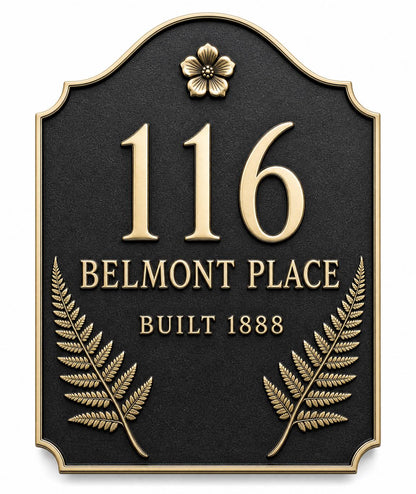 Fern address plaque reading 116 Belmont Place, Built 1888, front view
