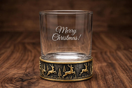 Personalised Laser Etched Reindeer Brass Base Whiskey Glass | Custom Text/Logo Glasses | Holiday Season Gifting