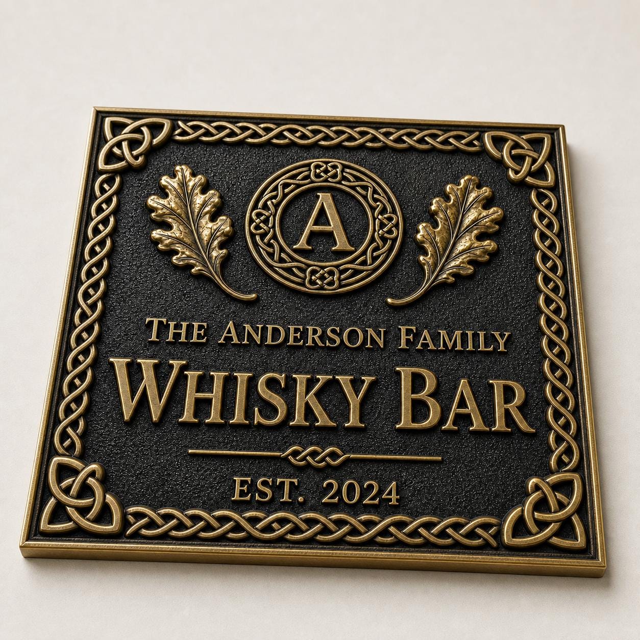 Personalised Celtic Whisky Bar Sign | Antique Brass Irish Pub Plaque | Custom Family Home Bar Gift