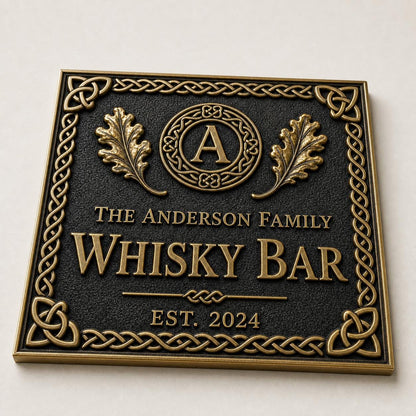 Personalised Celtic Whisky Bar Sign | Antique Brass Irish Pub Plaque | Custom Family Home Bar Gift