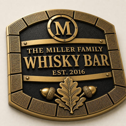 Personalised Oak Barrel Whisky Bar Plaque | Custom Family Home Bar Sign | Handcrafted Antique Brass Wall Decor