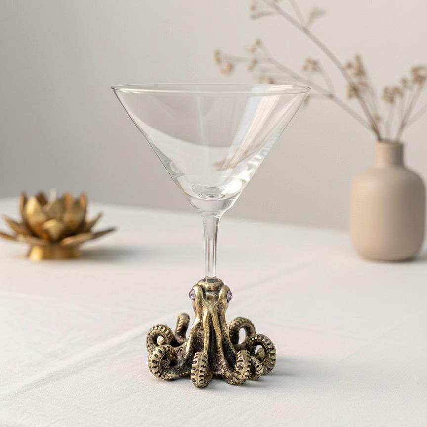 Octopus Martini Glass – Antique Brass Base with Gemstone Eyes, 6.5 oz