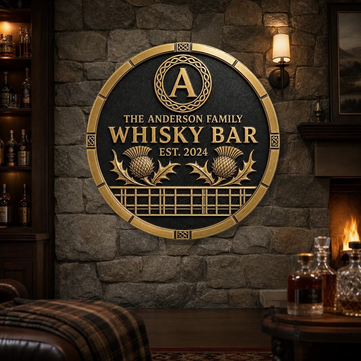 Personalised Scottish Whisky Bar Sign | Antique Brass Round Tartan Plaque | Custom Family Home Bar Gift