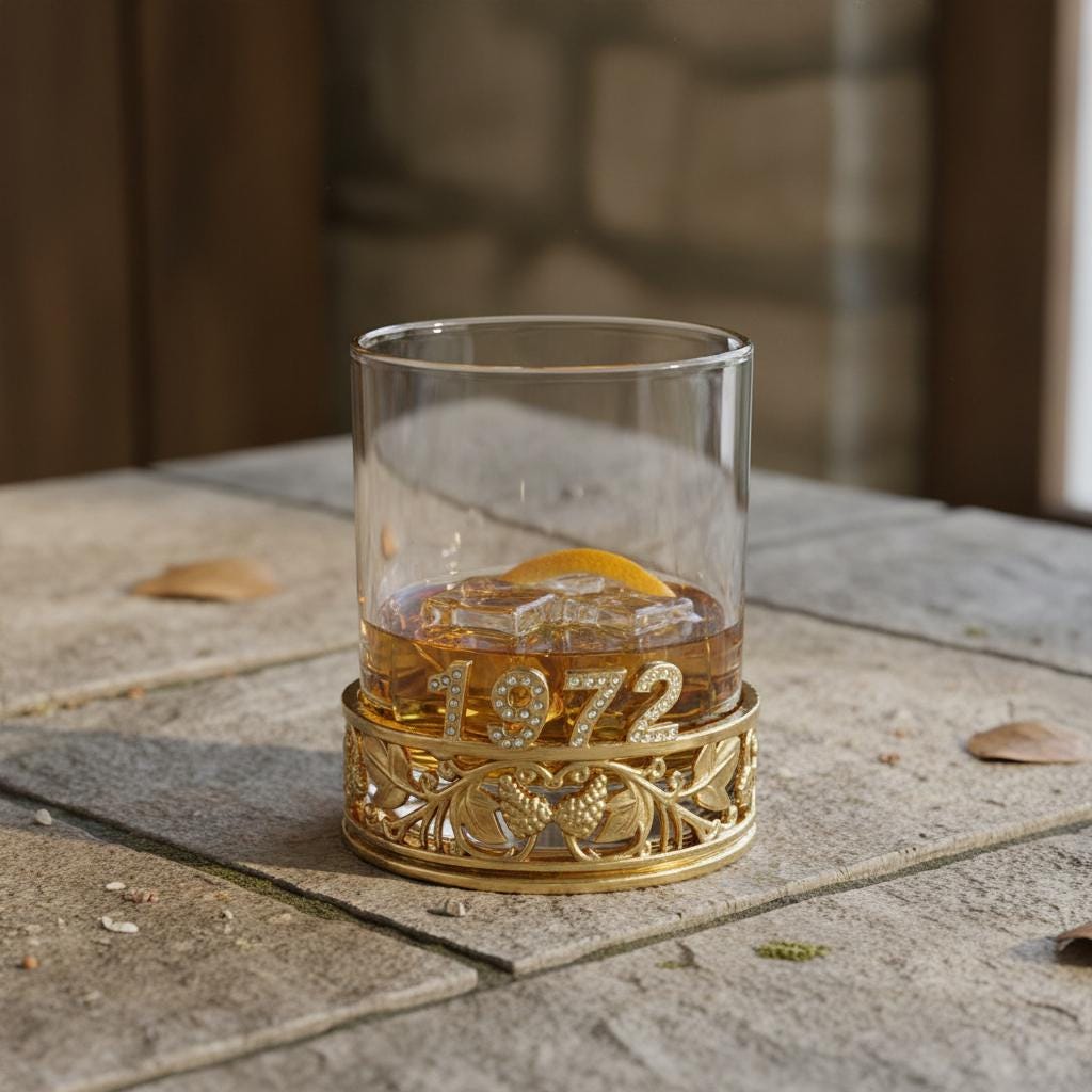 The back of the glass reading 1972, on a slate tile
