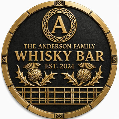 Personalised Scottish Whisky Bar Sign | Antique Brass Round Tartan Plaque | Custom Family Home Bar Gift
