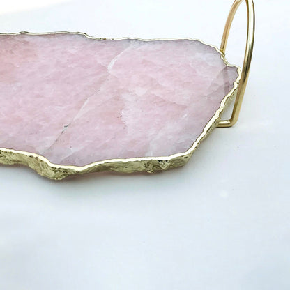 Rose Quartz Agate Serving Tray With Brass Loop Handles