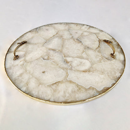 White Agate  Serving Tray With Brass Handles | Circular |