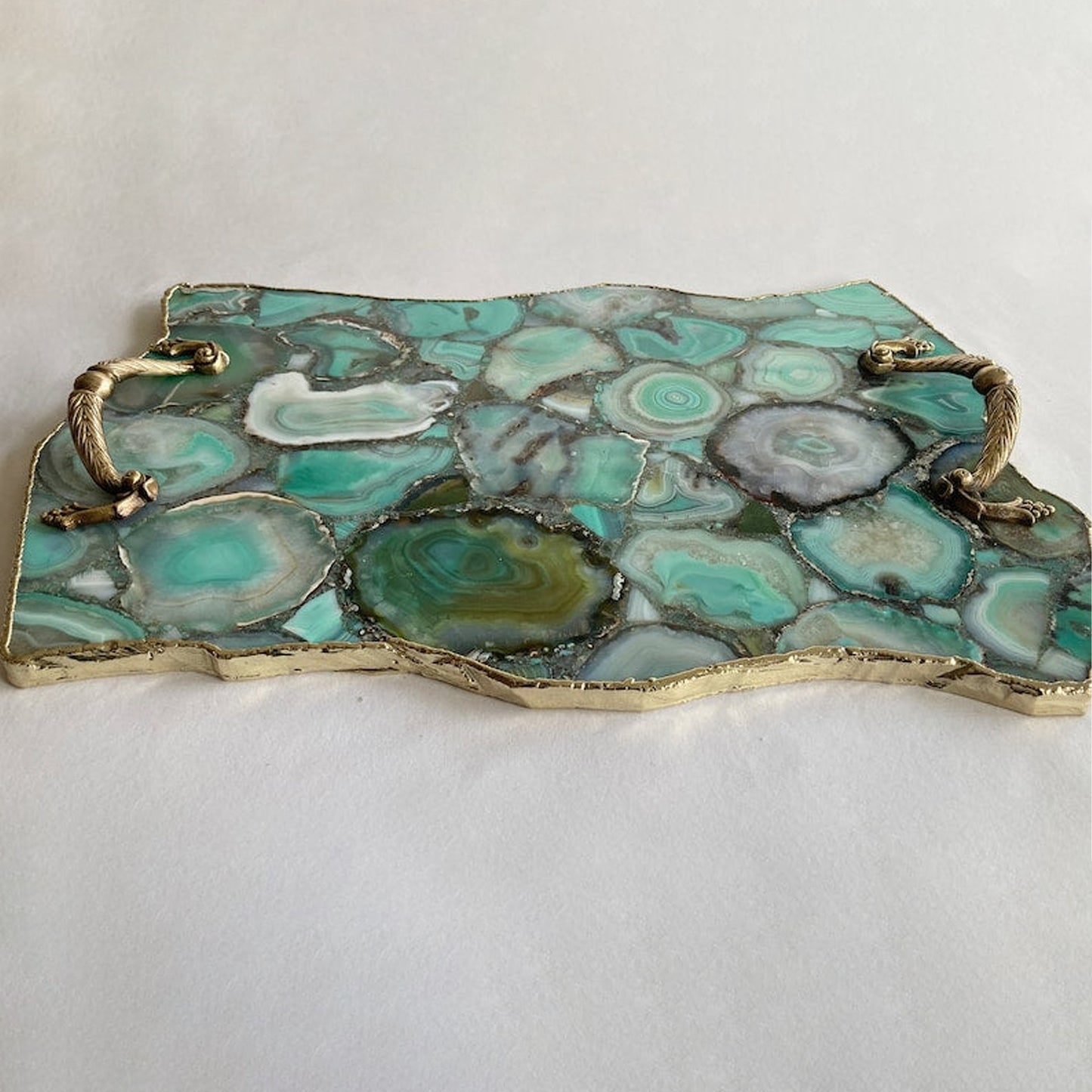 Large Green Agate Serving Tray With Brass Handles/Personalised Momentos/Sign Boards 10"x15"