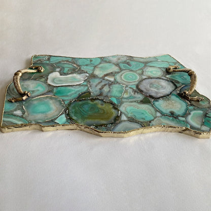 Large Green Agate Serving Tray With Brass Handles/Personalised Momentos/Sign Boards 10"x15"