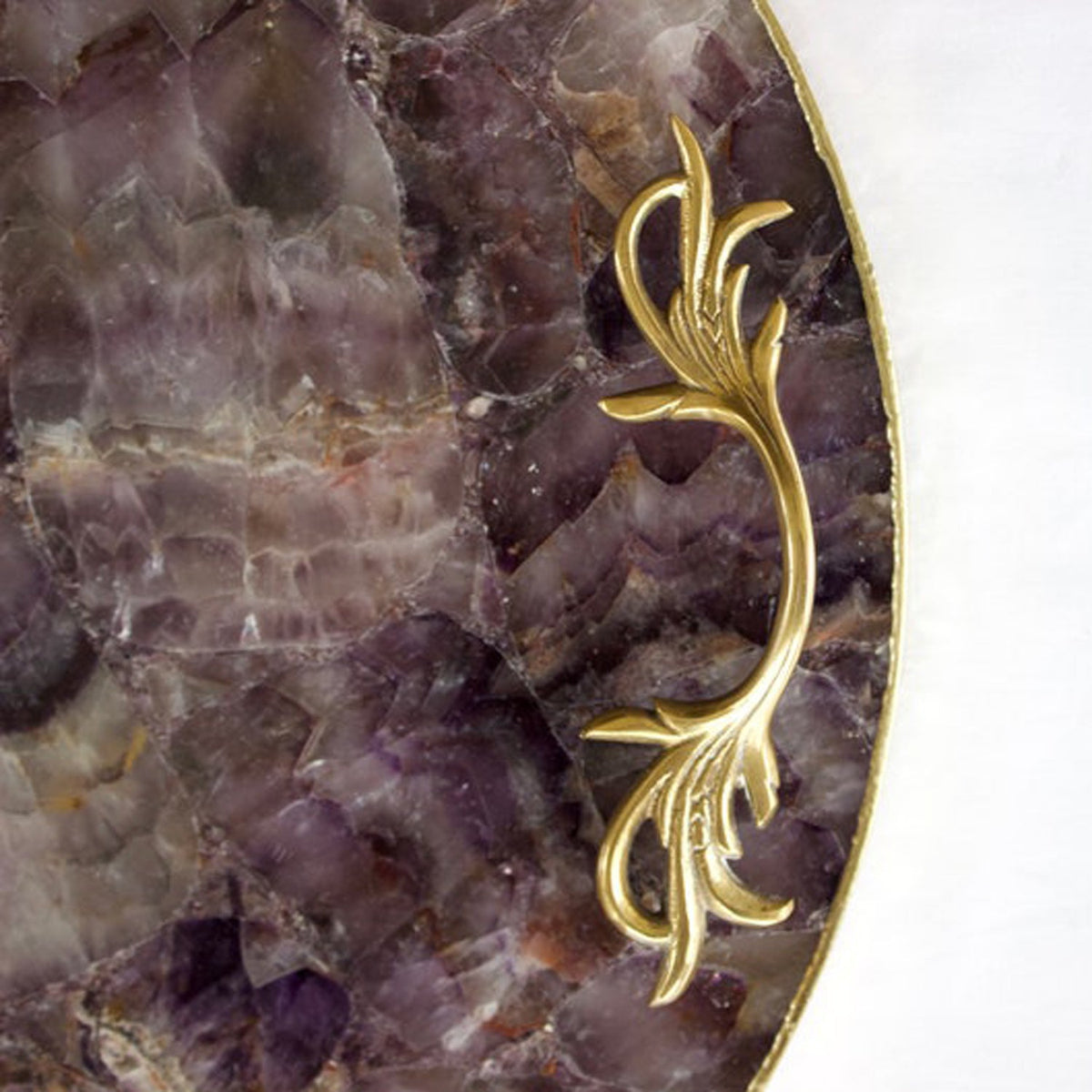 Amethyst Agate Round Serving Tray - Open Leaf handle detail
