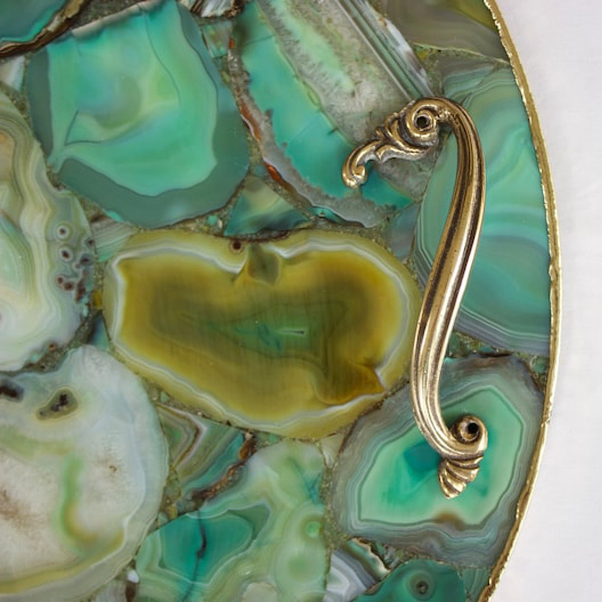 Fourteen inch green agate tray with brass carrying handles