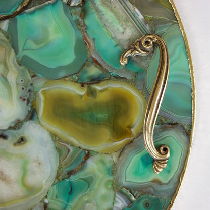 Fourteen inch green agate tray with brass carrying handles