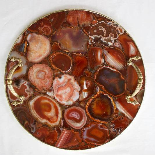Red Agate Serving Tray With Brass Handles | Circular