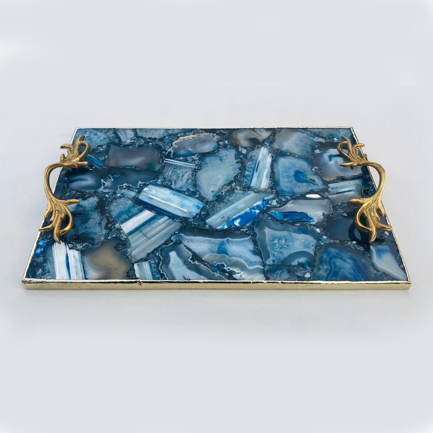 Blue Agate  Serving Tray With Brass Handles
