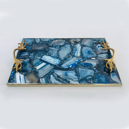 Blue Agate  Serving Tray With Brass Handles