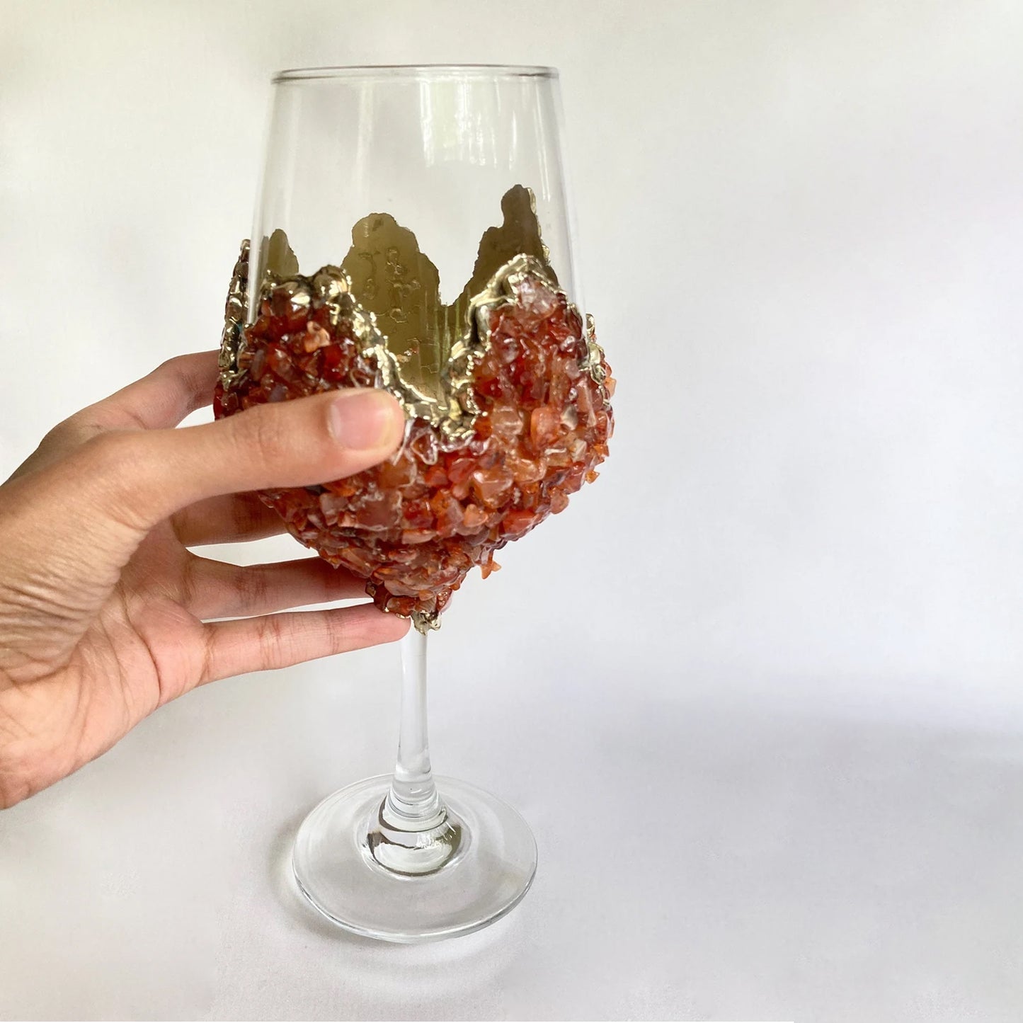 Set of 2 |Crystal Wine Glasses with Gold Plated Red Agate/Quartz Semi-precious Crystals | 16 oz/465 ml
